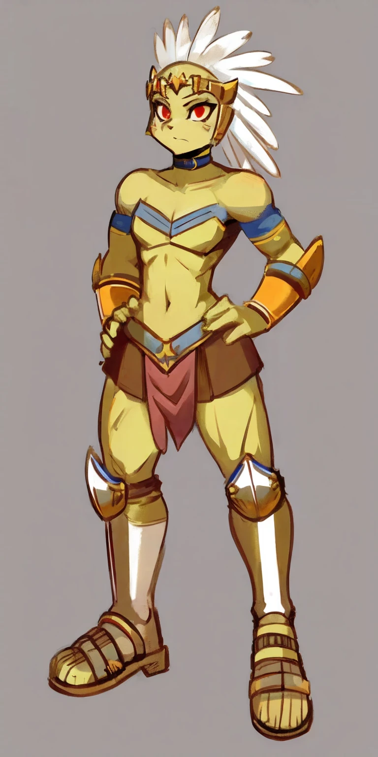 Subject: 1 Solo Female Gladiator Pose: Full body, whole body Standing tall, hands on hips (conveying confidence) Feet together, conveying a strong stance View from slightly below, emphasizing her power Clothing and Armor: Loincloth (detailed and well-crafted, showcasing her warrior status) Metal sandals, sturdy and battle-worn Leather choker, adorned with a gladiator emblem or small spikes (optional) Big belt, holding additional weapons or pouches (optional) Bracers on forearms, for protection Jewelry: Tiara (can be simple and battle-ready, or adorned with feathers or gladiator symbols) Additional Details: Strong, defined muscles Determined expression on her face Optional: scars or other battle marks that tell a story of her victories