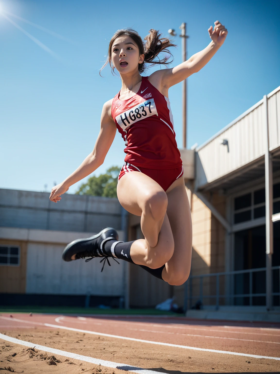 realistic, very detailed CG 통합 8K Dendenden 배경화면, Detail, High-quality RAW color photos, professional photography, (8K, raw photo, top quality), (realistic, realistic: 1.37),high quality 3D render, ultra-detailed, 1girl, teenager, track and field athlete, long jump, mid-air jump, mid-jump pose, dynamic action, athletic, muscular, powerful, determined expression, outdoor track and field scene, bright sunlight, motion blur, realistic, photo realistic, cinematic lighting, vibrant colors, high contrast, dramatic shadows, pristine detail, sharp focus