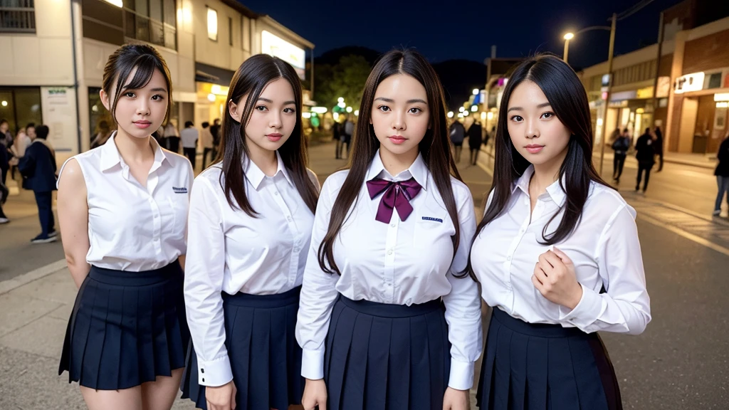 ((super high quality、High resolution、masterpiece、 Anatomically correct、Super detailed photos、Ultra-realistic photos、 Highest quality))、(3girs)、group photo、looking at viewer、Night cityscape、Uninhabited downtown、Walk over here、(cowboy shot)、(school uniform:1.2)、white formal shirt、((from front))、(huge breast)、Small waist、Detailed face、Perfect figure、Brown Hair、Medium Hair