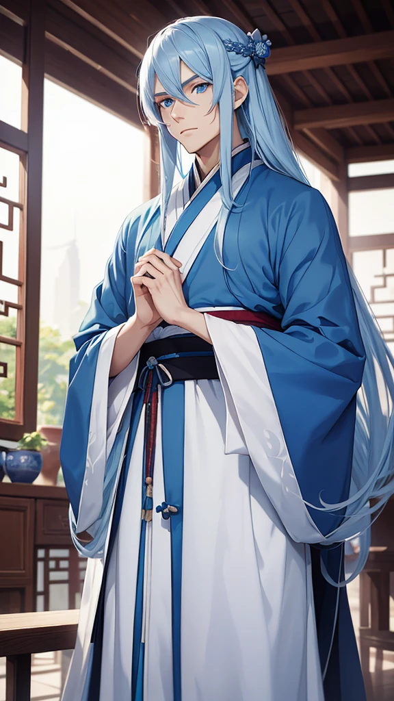 A young man, without a beard, long blue hair, Blue eyes, White skin, china, Hanfu, blue clothes, Hands in sleeves