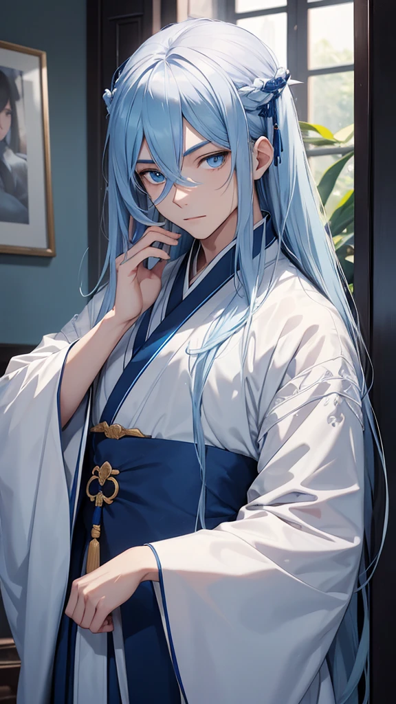 A young man, without a beard, long blue hair, Blue eyes, White skin, china, Hanfu, blue clothes, Hands in sleeves