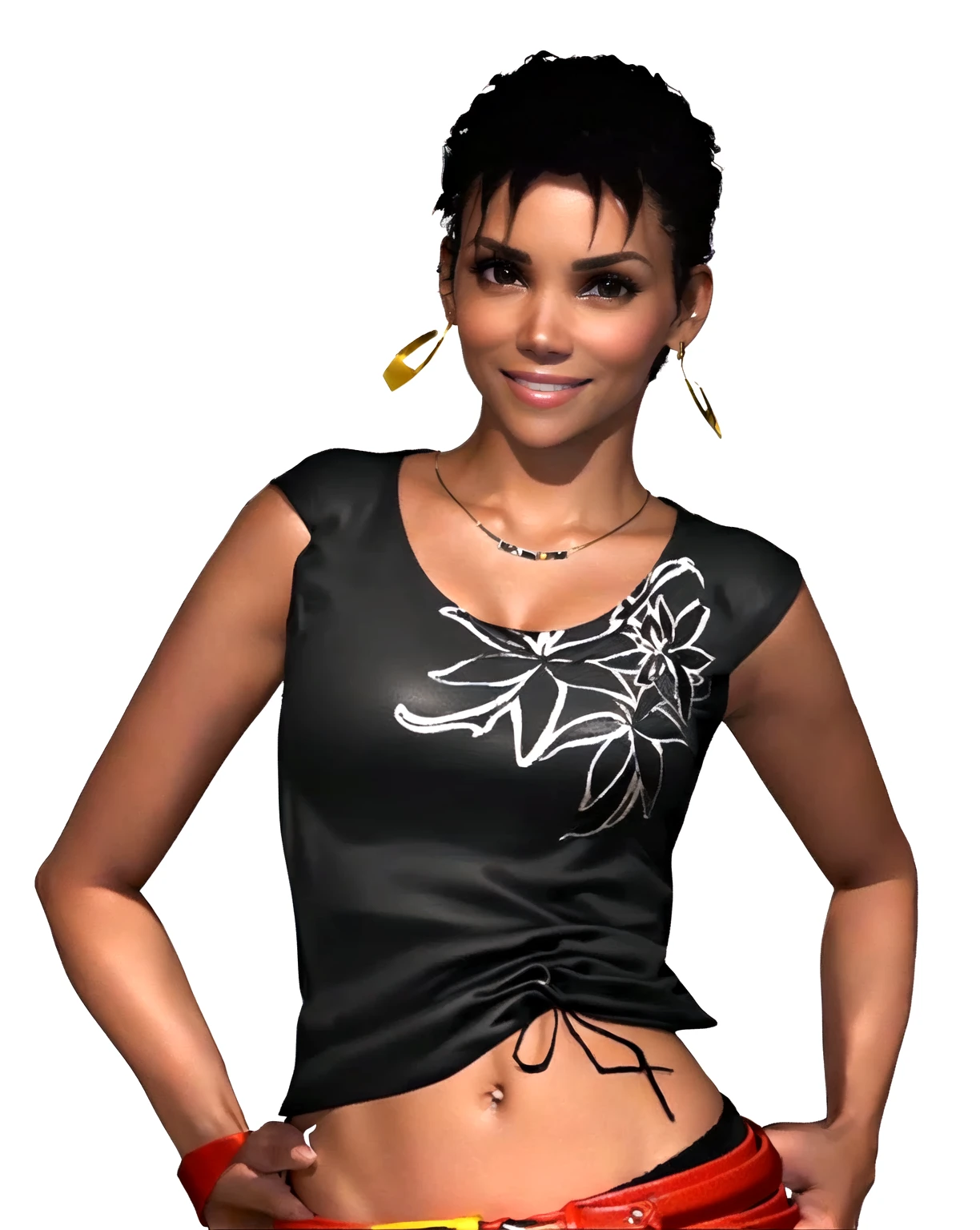 she's black, black hair, dark brown eyes, (eyes turned to look at the camera), swedish, as a character in Out Run 2, of SEGA, 3D CG from the 2000s, Holly, 2k, 2 k, ((smiling face)), realistic, render of halle berry, fighting game character, nina from tekken, bright clean face, from devil may cry, wide open curious eyes, carefree pose, black leather shirt with black and white flower art on it, simple golden necklace and earrings, hands on the hips, red belt, red wristband, smiling mouth