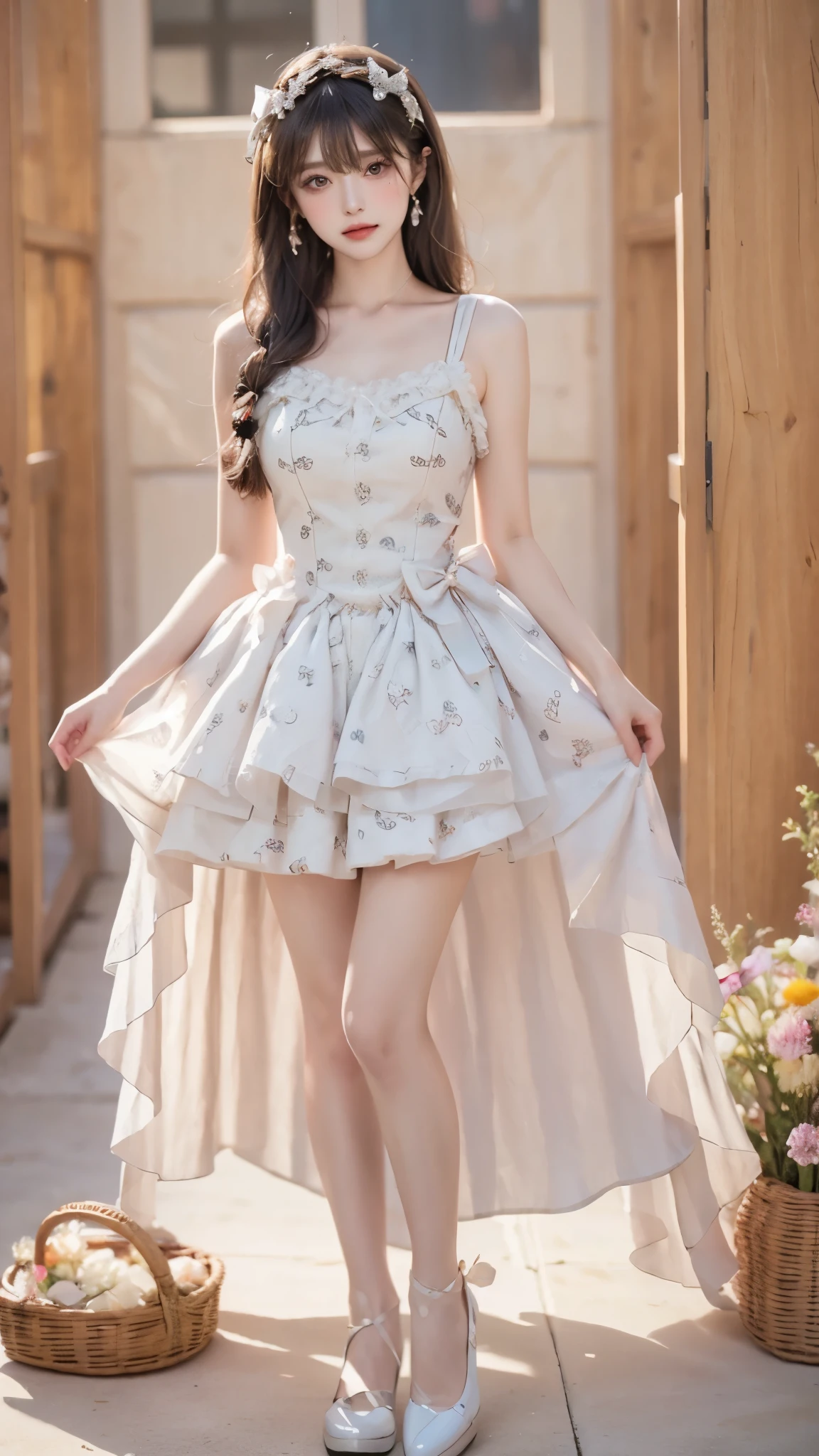 flower_dress, Ultra HD,8K, masterpiece,Top image quality,A beautiful girl,((I-type Valley)), ((Chest Window)), enjoy,blush,excited,obsessed,表情enjoy, Flowing long hair,Stunning Hairstyle,Crystal texture,sparkling,Skin like jade,Pink dream lights,Vast space background,Sit upright,Full body display,A familiar background。