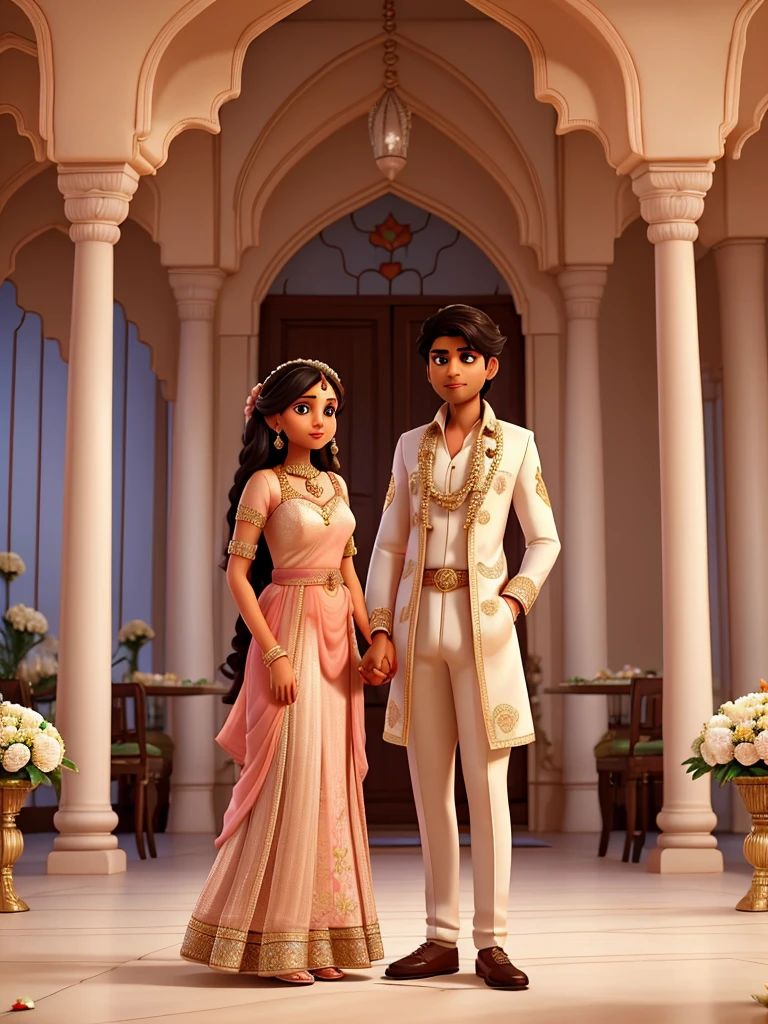 An indian man and woman looking at each other romantically during wedding in a restaurant full of flowers. The woman wears a sparkly peach dress with silver rhinestones and the man wears a grand but traditional indian wedding clothing. on the floor there are 3 cats: one brown and white, one grey, and one black. The man and woman are surrounded by beautiful architecture and flowers.