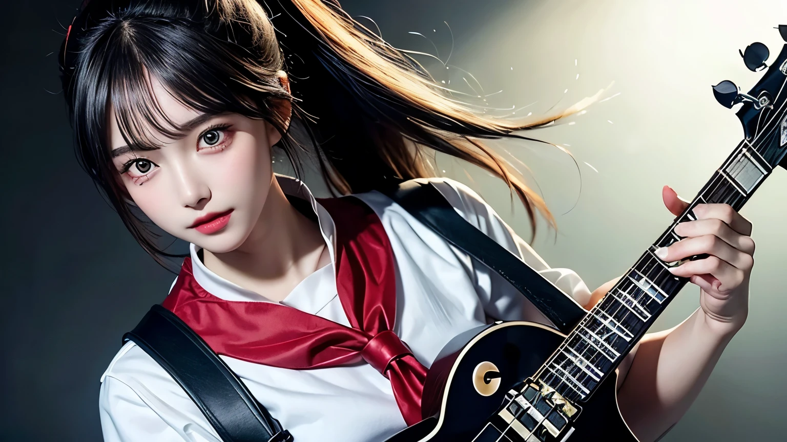 (1girl), (ponytail), black hair, (long hair),
(((guitar, instrument, electric guitar, bass guitar, amplifier, gibson les paul, drum, acoustic guitar, speaker))),
Slender, skinny, (turime), thick eyebrows,
(school uniform), (sailor uniform), ((red sailor tie)), (white sailor blouse),
vibrant colors, sharp focus, best quality, depth of field, cinematic lighting, (illustration, 8k CG, extremely detailed), ultra-detailed, high resolution, firefliesfireflies, perfect light,
stylish pose, 8k, very clear, highest quality, high resolution. best quality, illustration, sax blue, 1girl, cute, (dynamic lighting:1.2), cinematic lighting, delicate facial features, detailed eyes, sharp pupils, realistic pupils, depth of field, bokeh, sharp focus, (hyper-detailed, bloom, glow:1.4), many small gems