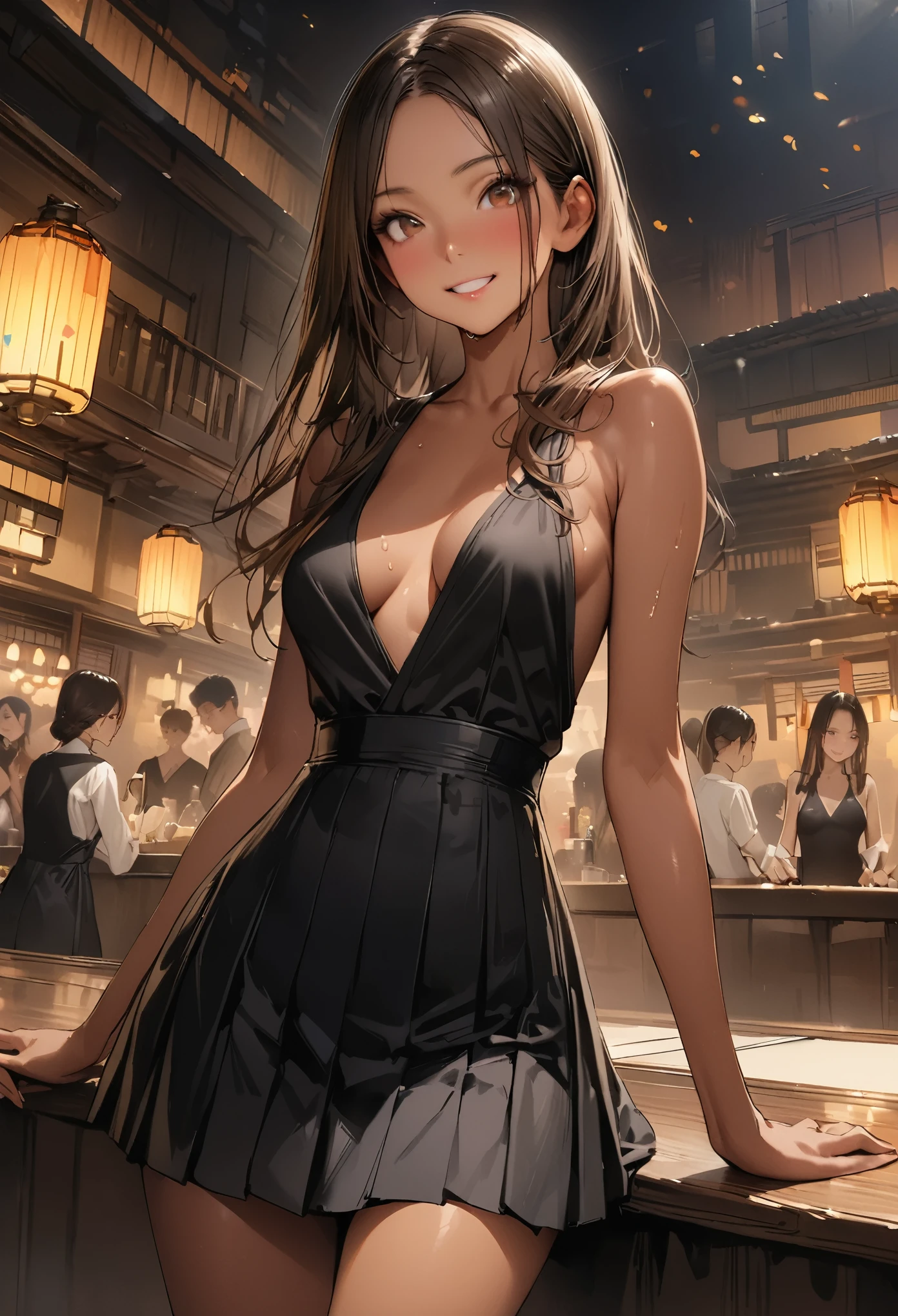 ((masterpiece,Highest quality:1.3,best quality illustration,realistic:1.3)),cowboy shot,独奏,1woman,(20-year-old、Japanese Beauty)、brown hair,long hair,center parted bangs,brown eyes,gorgeous eyes,((very small head:1.3)),smile,((very long body:1.2,skinny)),medium breasts,(tan skin:1.5), (gleaming skin,toned body,slender body),sweat,(Black sleeveless dress、Black pleated mini skirt)、Luxurious party venue、