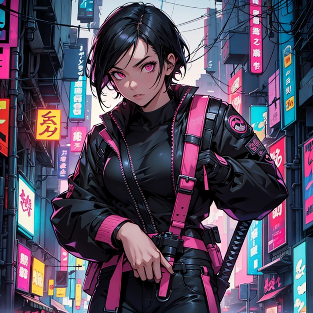 Cyberpunk; female Protagonist; black hair; girl; comic cover; katana; pink eyes; short hair; cover; comic