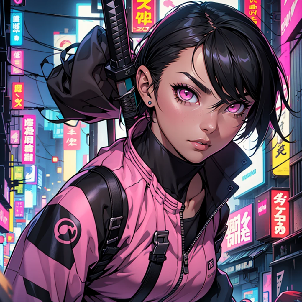 Cyberpunk; female Protagonist; black hair; girl; comic cover; katana; pink eyes; short hair; cover; comic