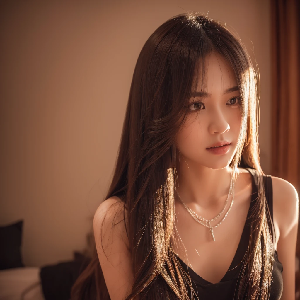 a beautiful girl with long flowing hair, holding her hair at the back, biting the hair tie, wearing a black tank top, jeans, silver necklace, warm soft bedroom colors, (best quality,4k,8k,highres,masterpiece:1.2),ultra-detailed,(realistic,photorealistic,photo-realistic:1.37),detailed eyes,detailed lips,extremely detailed face,longeyelashes,intricate hairstyle,expressive pose,soft lighting,warm color palette,bedroom interior,(1 girl)