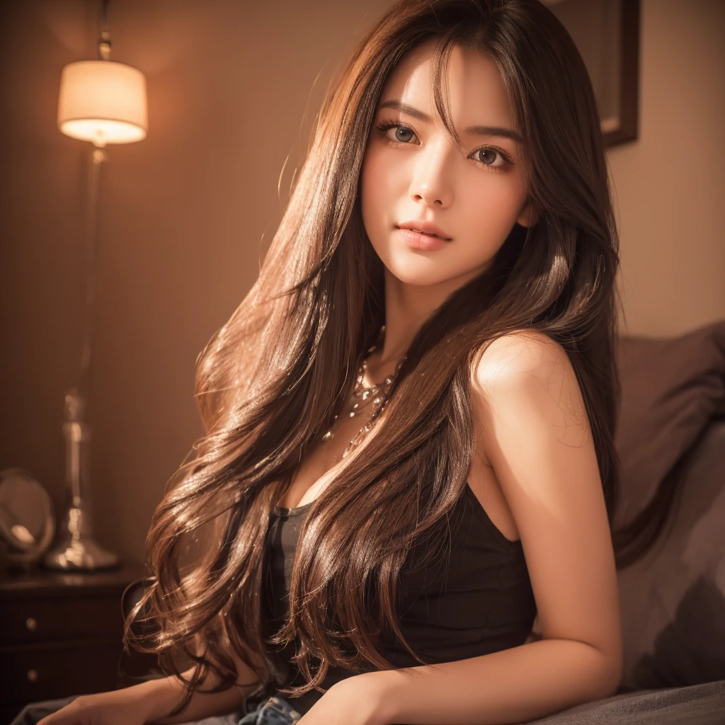 a beautiful girl with long flowing hair, holding her hair at the back, biting the hair tie, wearing a black tank top, jeans, silver necklace, warm soft bedroom colors, (best quality,4k,8k,highres,masterpiece:1.2),ultra-detailed,(realistic,photorealistic,photo-realistic:1.37),detailed eyes,detailed lips,extremely detailed face,longeyelashes,intricate hairstyle,expressive pose,soft lighting,warm color palette,bedroom interior,(1 girl)