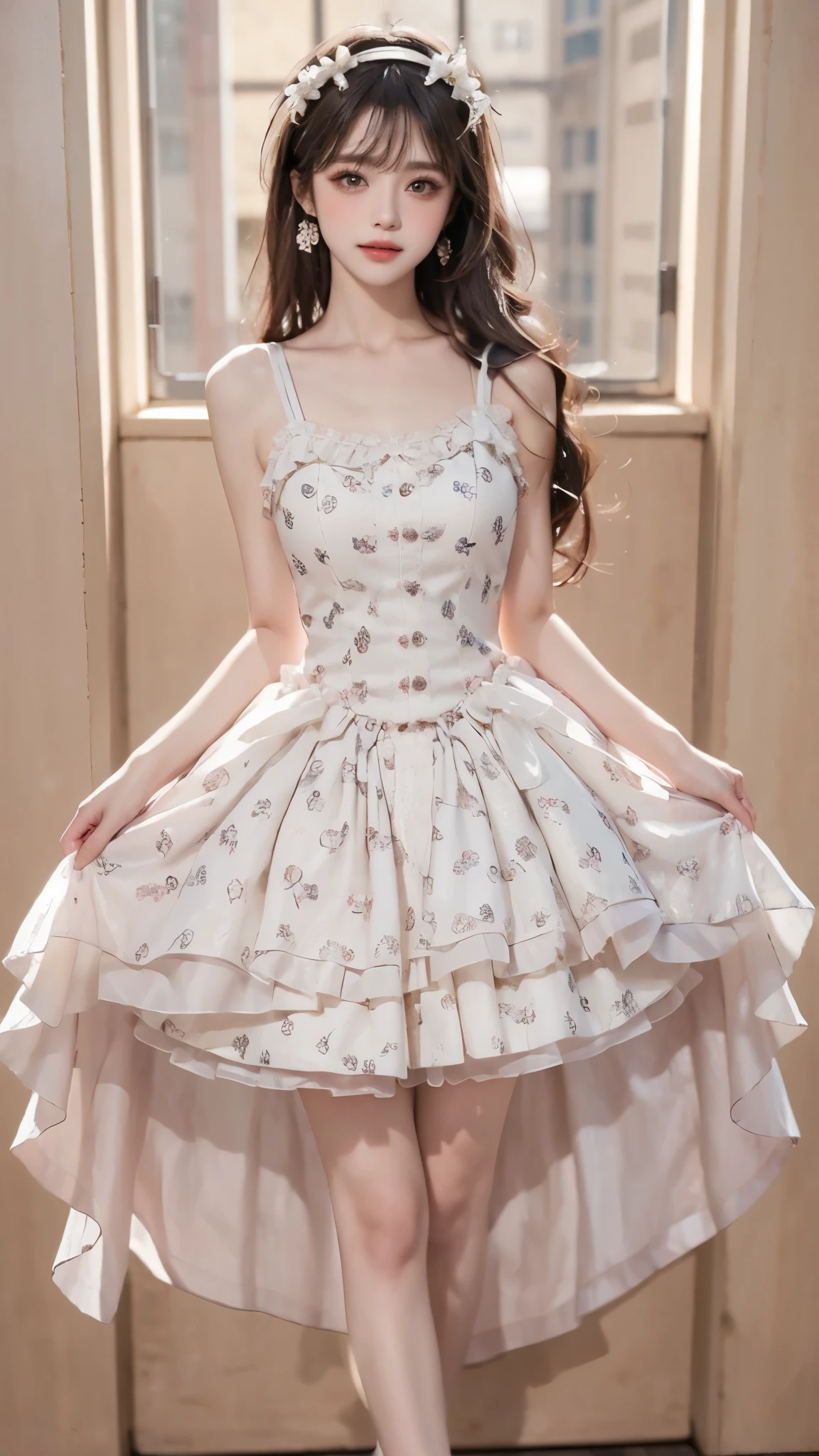 flower_dress, Ultra HD,8K, masterpiece,Top image quality,A beautiful girl,((I-type Valley)), ((Chest Window)), enjoy,blush,excited,obsessed,表情enjoy, Flowing long hair,Stunning Hairstyle,Crystal texture,sparkling,Skin like jade,Pink dream lights,Vast space background,Sit upright,Full body display,A familiar background。