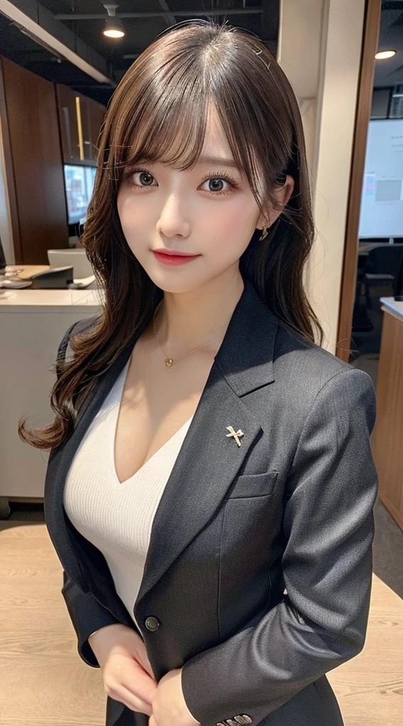 masutepiece, Best Quality, Ultra-detailed, finely detail, hight resolution, in 8K, Perfect dynamic composition, Beautiful detailed eyes, Natural Lip, (Business suits , s Office)、full body Esbian 、Plump