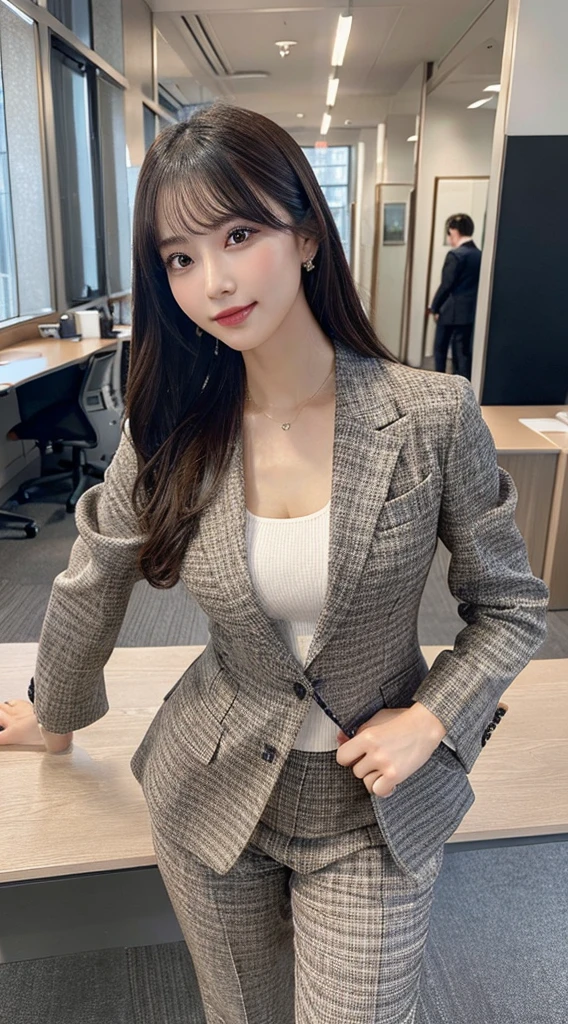 masutepiece, Best Quality, Ultra-detailed, finely detail, hight resolution, in 8K, Perfect dynamic composition, Beautiful detailed eyes, Natural Lip, (Business suits , s Office)、full body Esbian 、Plump