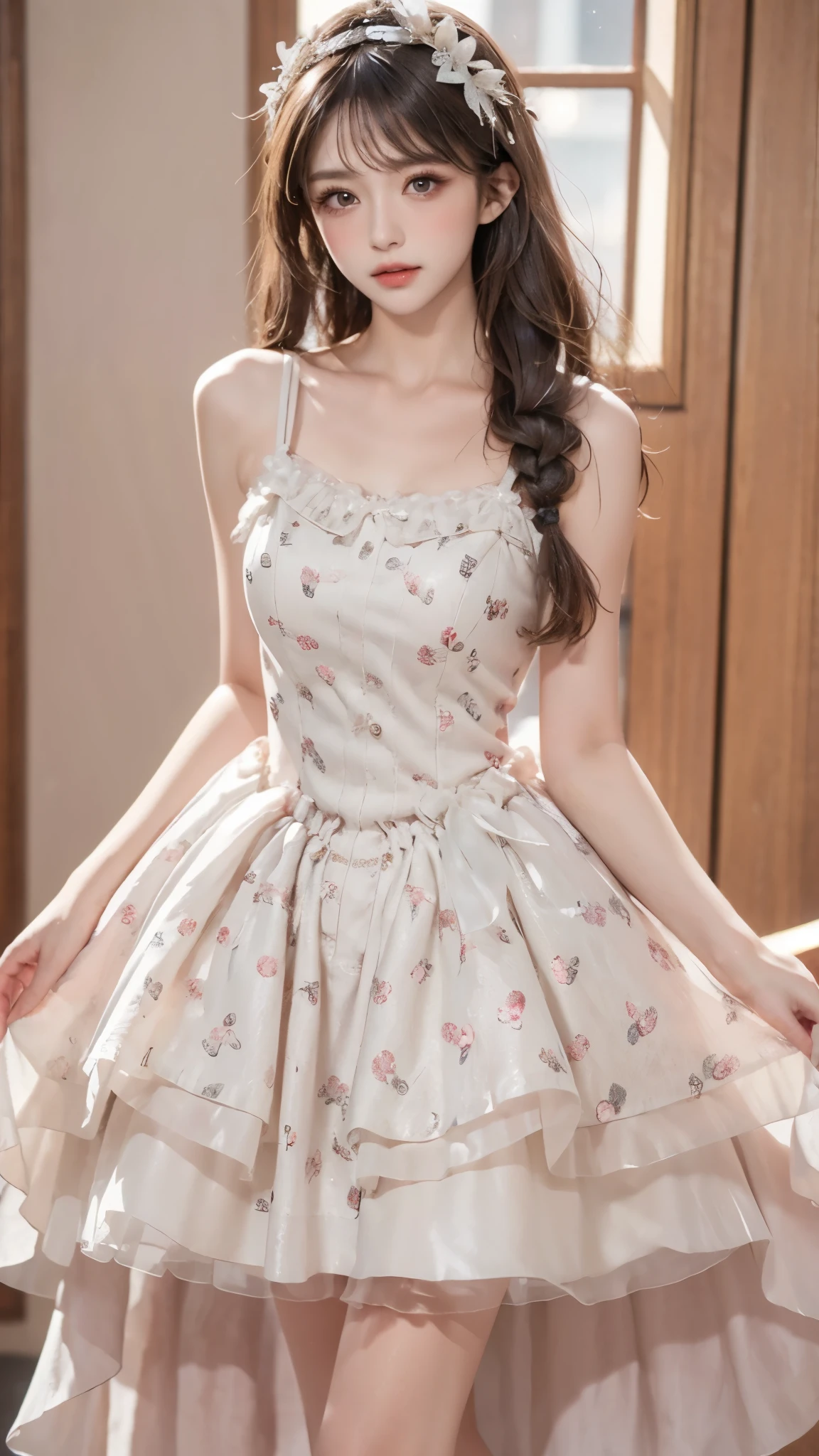 flower_dress, Ultra HD,8K, masterpiece,Top image quality,A beautiful girl,((I-type Valley)), ((Chest Window)), enjoy,blush,excited,obsessed,表情enjoy, Flowing long hair,Stunning Hairstyle,Crystal texture,sparkling,Skin like jade,Pink dream lights,Vast space background,Sit upright,Full body display,A familiar background。