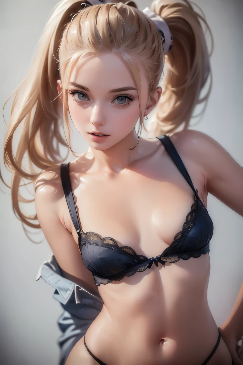  ((best quality)), ((masterpiece)), (detailed), NSFW, small breasts, prominent collarbones, skinny arms, flat stomach, visible hip bones, long hair, red hair, white hair, blonde hair, dark hair, ponytail, thick ponytail, heavy ponytail, Realistic Shadows, Detailed skin, Very small breasts, Hair Ribbon, Very detailed, highly detailed face, Perfect face shape, Perfect lips, Perfect nose, Correct beautiful eyes, Watching Viewer, Best Quality, Single Girl, No bra, No panties, Solo 