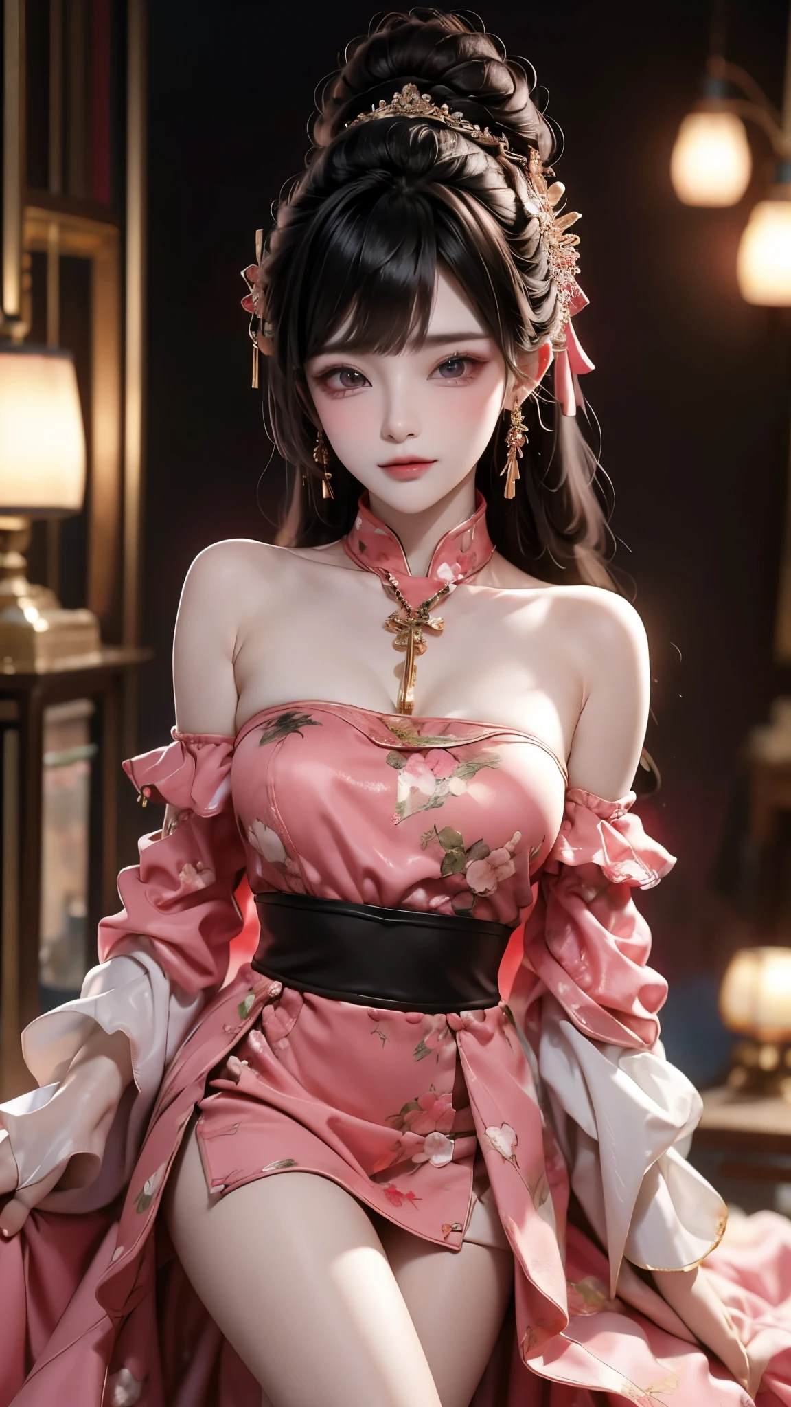 newchinesestylesuit, Ultra HD,8K, masterpiece,Top image quality,A beautiful girl,((I-type Valley)), ((Chest Window)), enjoy,blush,excited,obsessed,表情enjoy, Flowing long hair,Stunning Hairstyle,Crystal texture,sparkling,Skin like jade,Pink dream lights,Vast space background,Sit upright,Full body display,A familiar background。