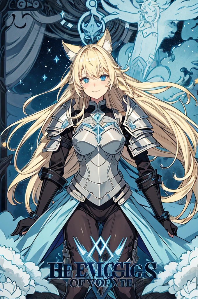 female, long blonde hair, light blue eyes, wolf ears and tail, cute smile, black leather armor, hillside, beautiful stary night sky
