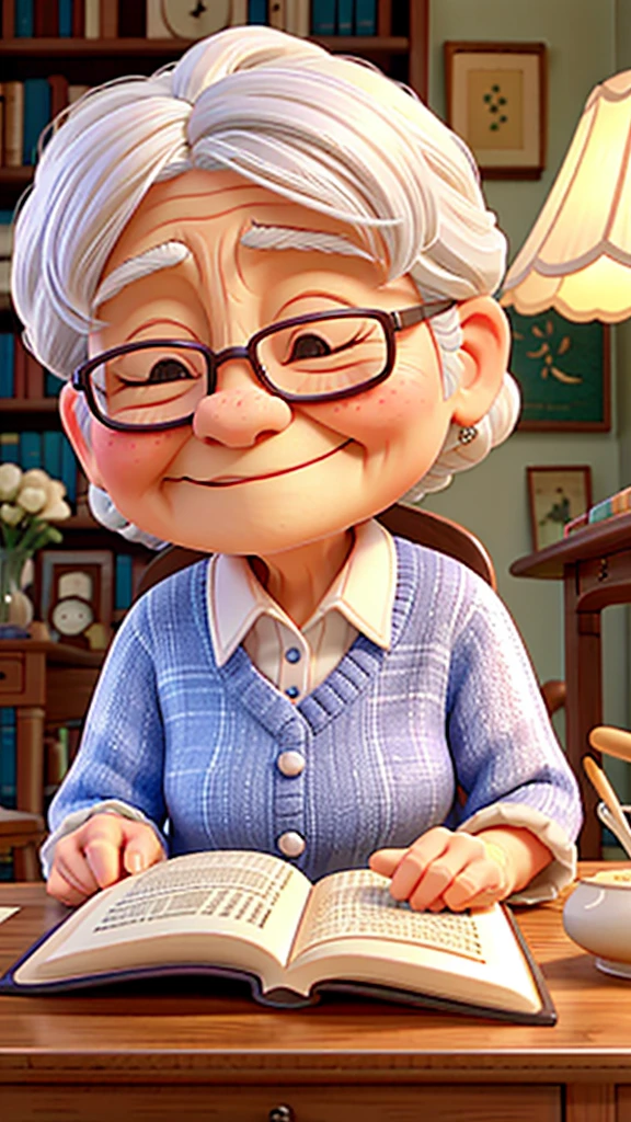 A cute old lady with silvery white hair、Sleeping while reading a book。