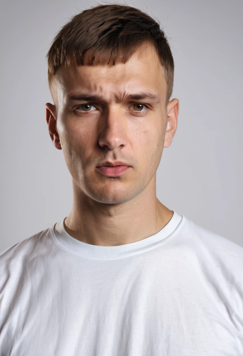 a serious-looking russian man with and french crop haircut, wearing a white t-shirt, closeup portrait, dramatic lighting, white background, gloomy, (best quality,8k,highres,masterpiece:1.2),ultra-detailed,(realistic,photorealistic,photo-realistic:1.37),HDR,studio lighting,vivid colors,superb quality,portrait,dramatic