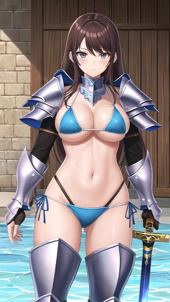 Cartoon character with sword, Art inspired by Masamune Shirow, Armor Girl, Bikini Armor, Bikini Armor, Bikini Armor female knight, Bikini Armor, tits, Zodiac Knight Girl, tits