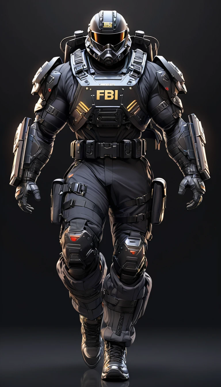 High-resolution anime digital art, Masterpiece, Man Big Body, Wearing FBI Uniform, wear Black Riot Helmet, muscular body, walking, Full Body, intricate, tactical gear, hyper detailed, sharp focus, physically-based rendering, (black background:1.1)