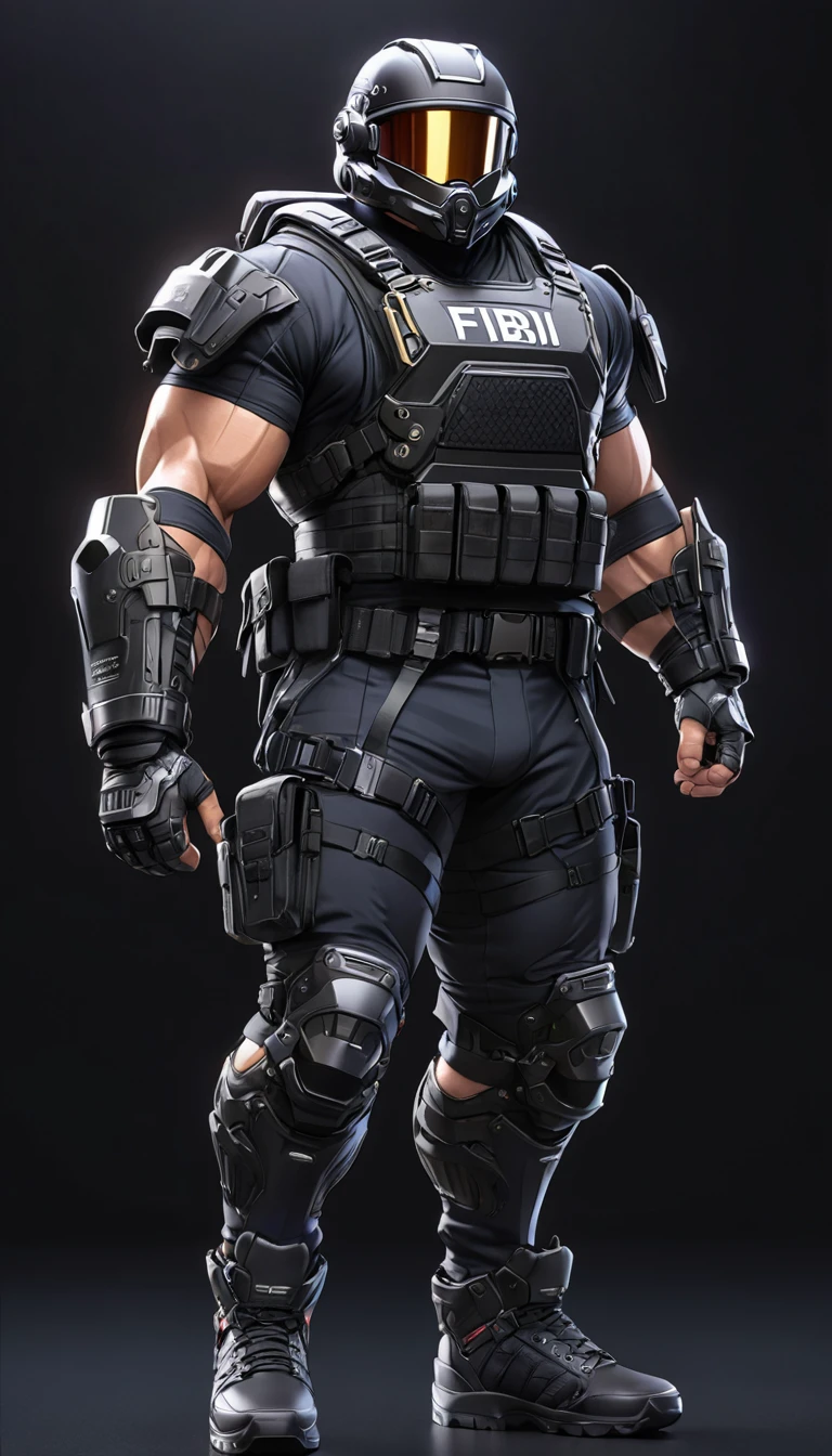 High-resolution anime digital art, Masterpiece, Man Big Body, Wearing ??? Uniform, wear Black Riot Helmet, muscular body, walking, Full Body, intricate, tactical gear, hyper detailed, sharp focus, physically-based rendering, (black background:1.1)