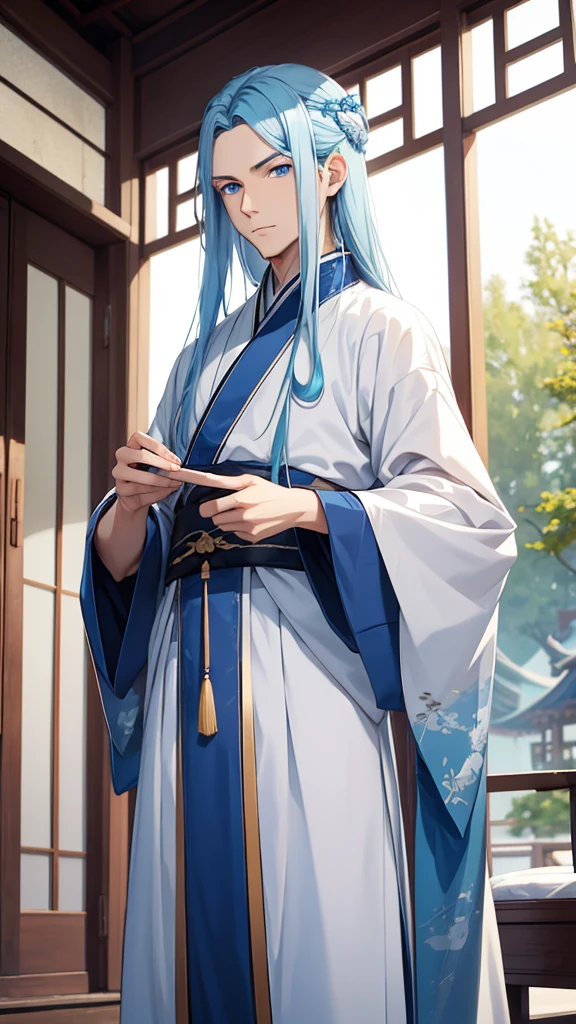 A young man, without a beard, long blue hair, Blue eyes, White skin, china, Hanfu, blue clothes, hands hidden