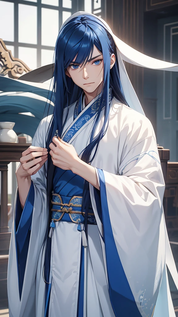 A young man, without a beard, long blue hair, Blue eyes, White skin, china, Hanfu, blue clothes, hands hidden