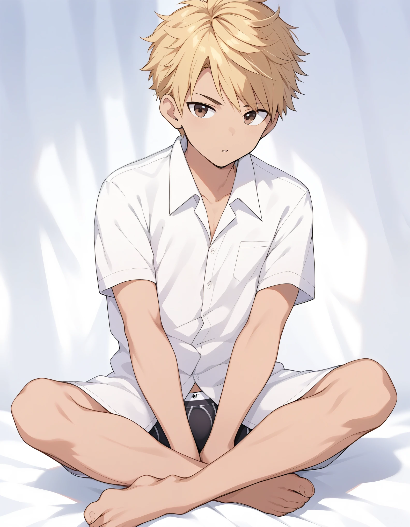 1boy,male only,indian style,Blonde,brown eyes,white open collared shirt,boxer briefs,sulky