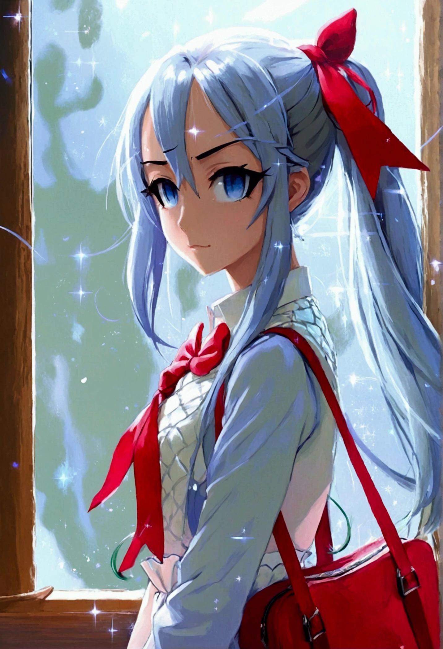 The anime girl has long, silver hair tied with a red ribbon, striking blue eyes, . , a red bowtie, and white thigh-high socks, she appears thoughtful in the serene, light-filled setting.with white baground