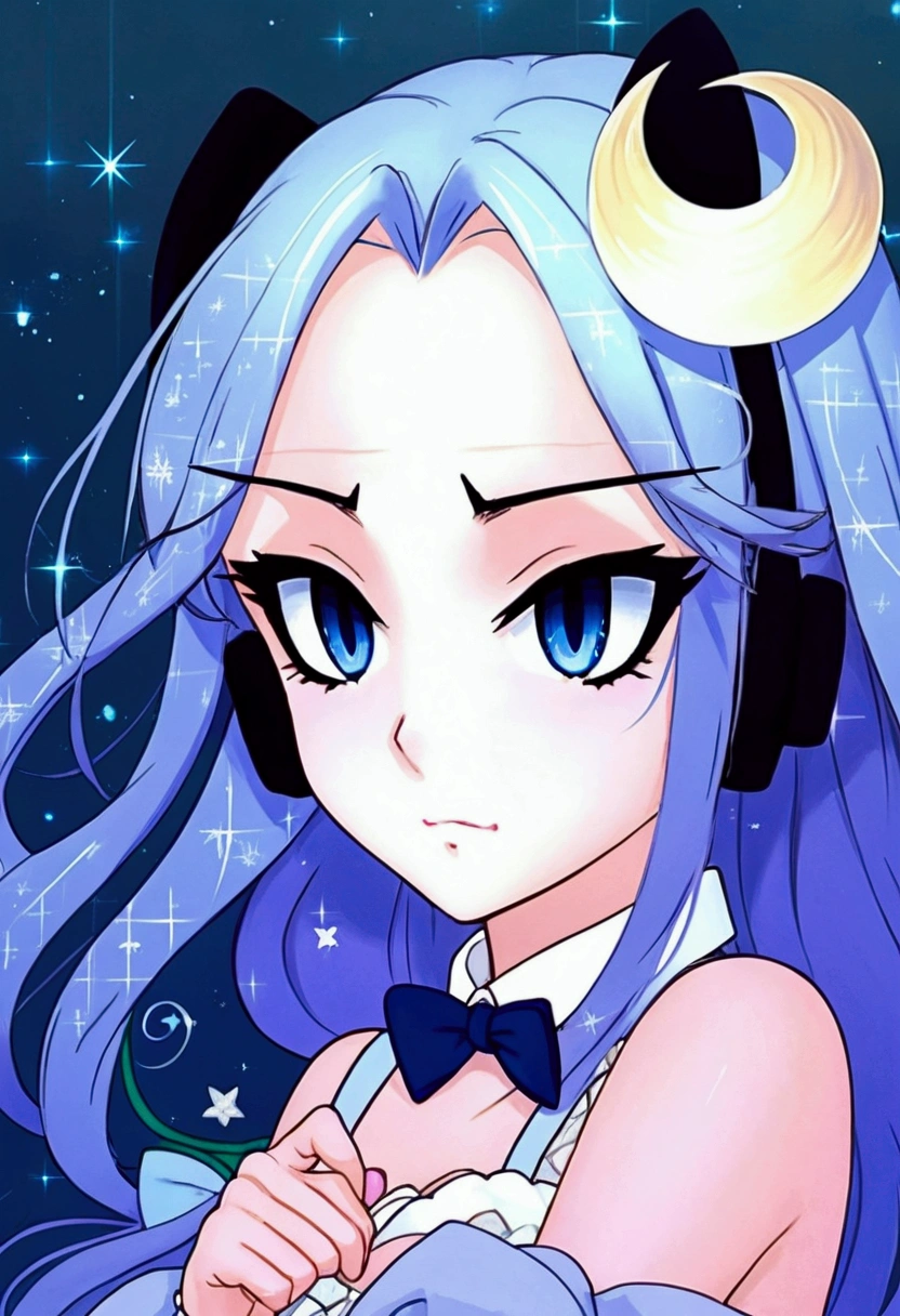 The anime girl has long, silver hair tied with a red ribbon, striking blue eyes, . , a red bowtie, and white thigh-high socks, she appears thoughtful in the serene, light-filled setting.with white baground