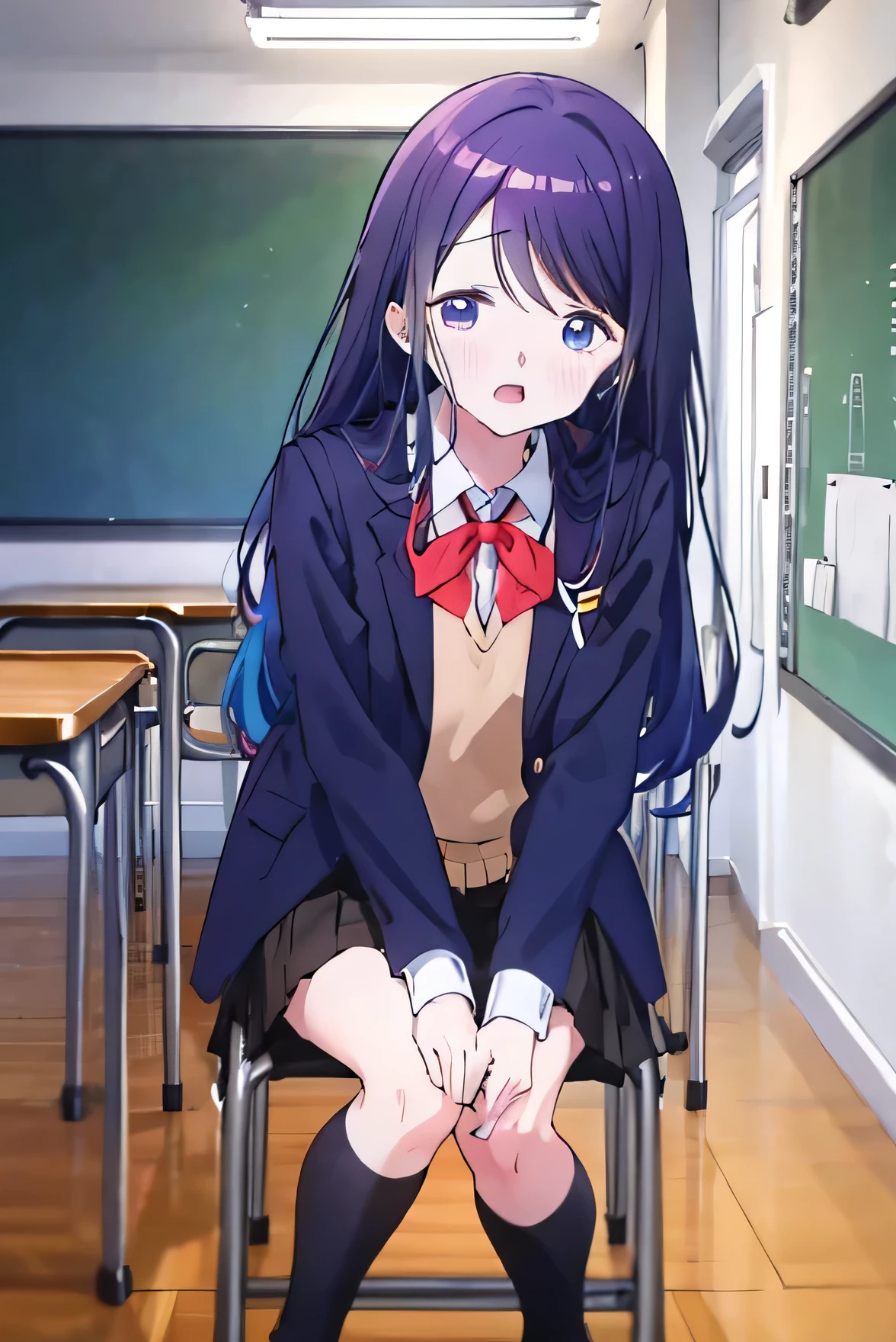 1 girl、独奏、Long Hair、Staring at the audience、blush、Open your mouth、bangs、Black Hair、Long sleeve、ribbon、Have、sit、uniform、Jacket、indoor、A bow tie、black eye、Chair、blazer、machine、Green ribbon、classroom、School machine、pencil、eraser、mechanical pencil、Pen box