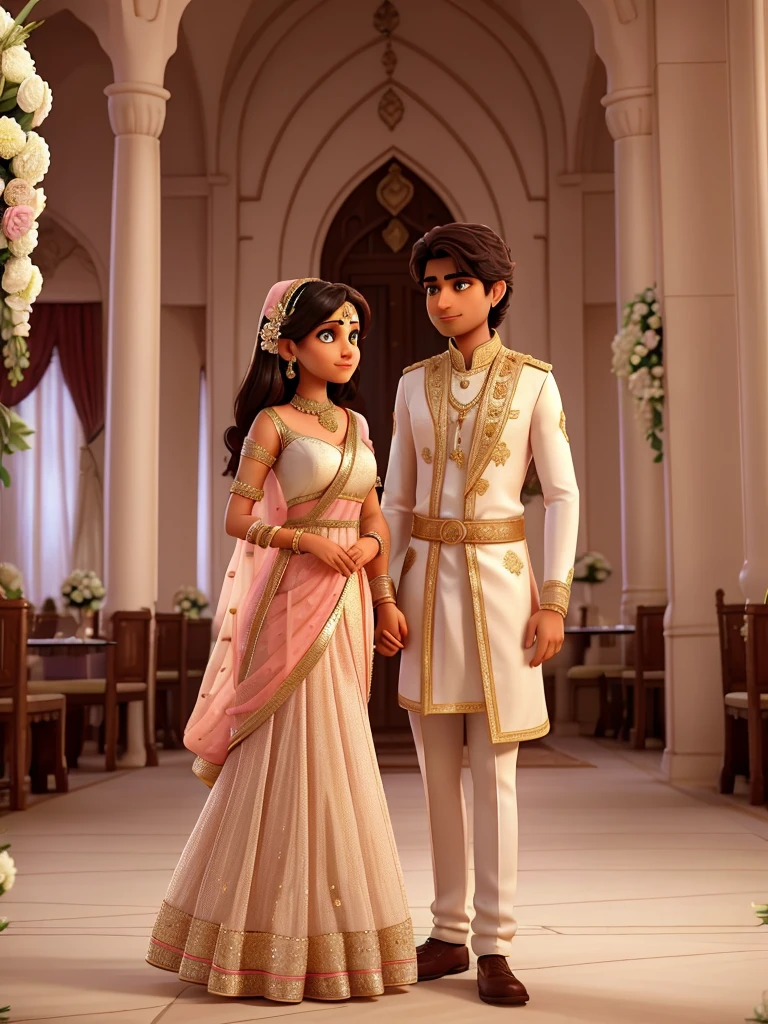 An indian man and woman looking at each other romantically during wedding in a restaurant full of flowers. The woman wears a sparkly peach dress with silver rhinestones and the man wears a grand but traditional indian wedding clothing. on the floor there are 3 cats: one brown and white, one grey, and one black. The man and woman are surrounded by beautiful architecture and flowers.