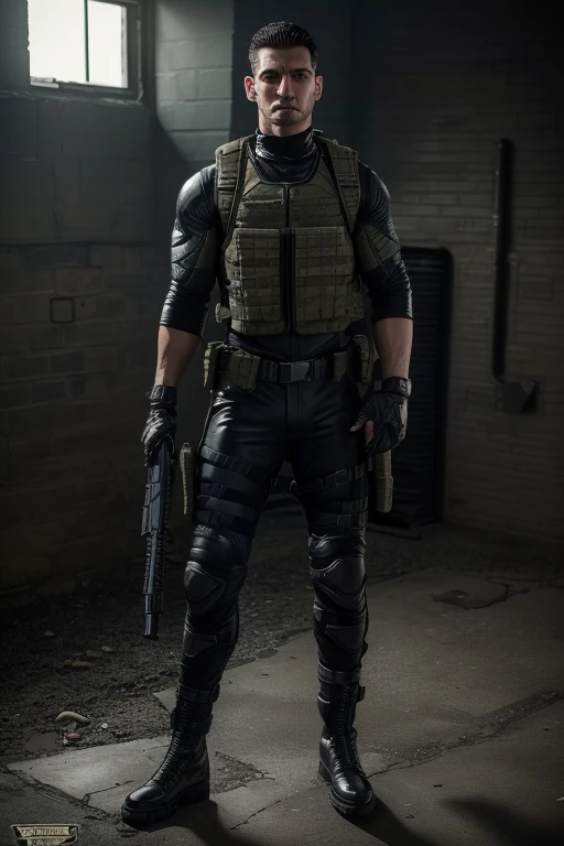 Castle Frank, ((30 years old)), (( strong, perfect body, well defined )), (( The Punisher )), (( Marvel Comics )), (( with black ballistic operational military tactical modular vest, skull printed on the chest )), (( black ACU MILITARY UNIFORM WITH KNEE PADS )), (( black military tactical paintball gloves black microfiber half finger )), ((dog tag)), ((Red Dragon Motocross Knee Pad)), ((Military Boots in Leather and Canvas Cordura Extra Light Tactical Military Bmbrasil Black)), ((Holster Waist Hammer PRO Belica ) ), bold, black hair, short hair, (( on a black Kawasaki ninja bike )), cinematic lighting, hyperrealism, multiview, Nikon , multiview, art, textured skin, high resolution, 8K