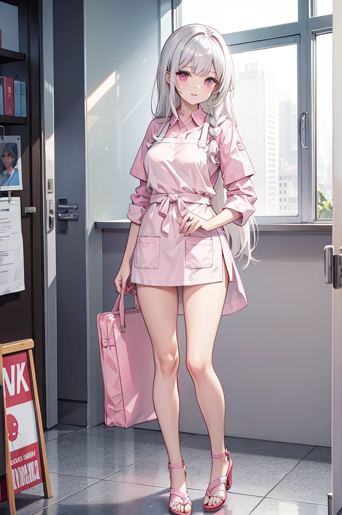 1 woman, full body, inside a hospital, hot nurse, silver hair, wearing a white apron with pink details, open apron, no panties, no bra, showing her breasts, showing her pussy, little pubic hair, pink pubic hair, slightly pinkish white skin, beautiful lips, perfect mouth, pink eyes, wearing red sandals, perfect little feet, pink painted nails, holding a clipboard in one hand (long and pink nails), holding a syringe in the other hand, orgasmic expression, clear liquid dripping from her pussy.