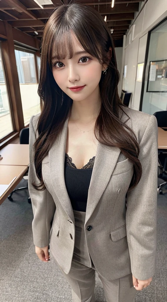 masutepiece, Best Quality, Ultra-detailed, finely detail, hight resolution, in 8K, Perfect dynamic composition, Beautiful detailed eyes, Natural Lip, (Business suits , s Office)、full body Esbian 、Plump