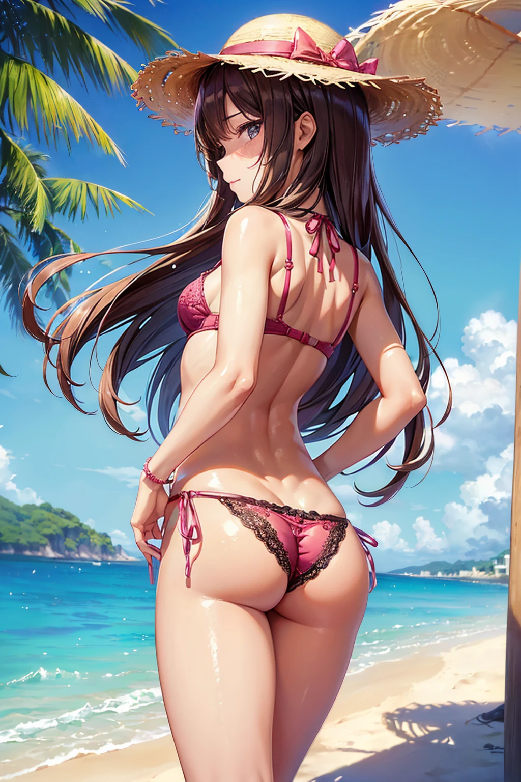 (((masterpiece, Highest quality, High resolution, 超High resolution, Perfect Pixel, Depth of written boundary, 4K, RTTX 10.0))), Beautiful Anime Women, Beautiful art style, Anime characters, ((Smooth texture, Realistic texture, Anime CG Style)), Exact finger count、Exact number of legs、(Exact number of arms:1.0, Exact number of hands:1.0), (Perfect hands, Perfect Anatomy.1.5), Cinematic, Realistic, Extremely detailed CG, Daytime lighting, Perfect lighting, Best Shadow, The best natural light, Perfectly balanced style, Perfect body, (Long Hair, Brown Hair), ((Back view of a woman walking:1.5), (Sexy and cute shocking pink underwear, Shiny satin side-tie full-back panties, Panties with lace trim around the edges, micro lace bra, Lace-trimmed bra, Straw hat:1.3), (From directly below), (Resort Beach, Beachside, Attractive and small beautiful ass:1.3)
