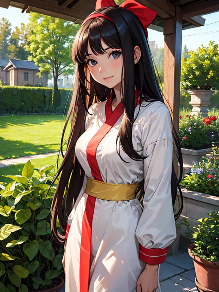 (Masterpiece, best quality, high res、highly detailed cg: 1), Create a picture of a married woman with a neat and mild appearance. She is modestly and elegantly dressed, exuding sophistication and grace, with a gentle smile and calm demeanor. The background should be a garden, a tastefully decorated room, or other environment that emphasizes her outwardly innocent and reputable character. The painting should suggest her hidden, more uninhibited side, but not be blatant. ((red ribbon, hair band))