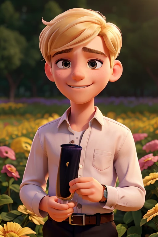1 young man, alone, open eyes, Put on a watch, blonde hair, Hold a wine glass, realistic, flower garden background, smile, Long eyelashes, lips, black set, Portrait, Dark eyebrows