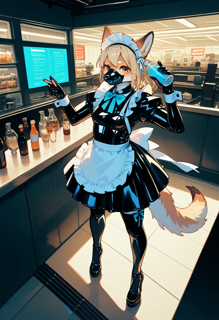 Highest quality, Highest quality, High quality illustrations, masterpiece, Ultra-high resolution, Detailed Background, cyber cafe, Bottle, Absurd, Perfect Anatomy, performance, Good lighting, Shadows in the movies(kemono, Furry Personifi猫ion), Rubber suit, Rubber suit, latex, neon, neonライト, neonカラー, White maid outfit, ribbon, Rubber mask, From above