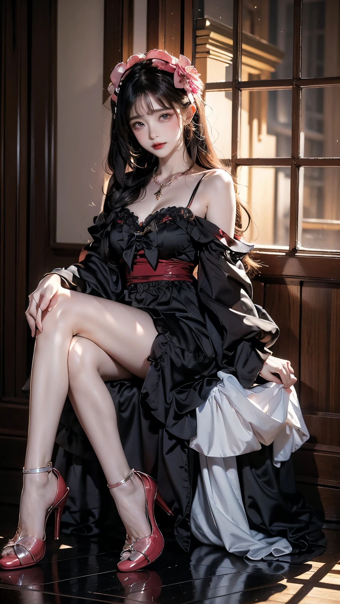 cyb dress, frilled dress, frills, gothic, bow, long sleeves, Ultra HD,8K, masterpiece,Top image quality,A beautiful girl,phcrystal, ((I-type Valley)), ((Chest Window)), enjoy,blush,excited,obsessed,表情enjoy, Flowing long hair,Stunning Hairstyle,Crystal texture,sparkling,Skin like jade,Pink dream lights,Vast space background,Sit upright,Full body display,A familiar background。