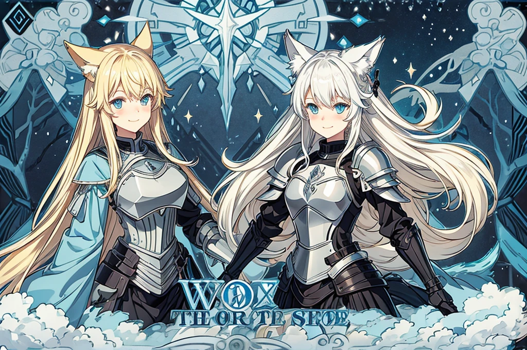 female, long blonde hair, light blue eyes, wolf ears and tail, cute smile, black leather armor, hillside, beautiful stary night sky