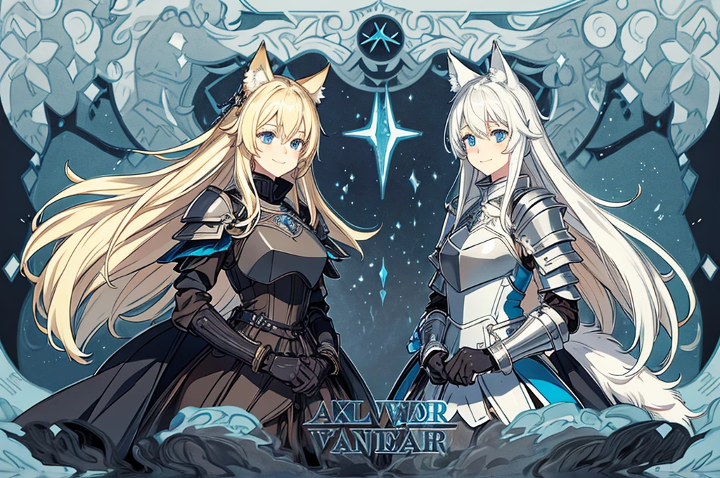 female, long blonde hair, light blue eyes, wolf ears and tail, cute smile, black leather armor, hillside, beautiful stary night sky
