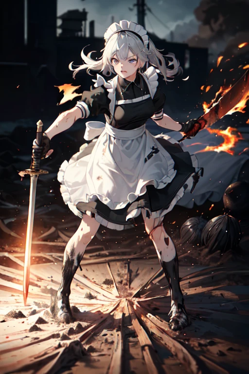 ((Highest quality:1.6)), ((Ultra-high resolution:1.6)), ((masterpiece)), (detailed:1.4), (detailedな顔), girl, cute, strong, Serious, Small breasts, Silver Hair, Fighting with a large sword, (black and white maid outfit, Black Dress, Headband, Long, Classic, Short sleeve), scratch, Blood, ((Apron is torn:1.4)), ((衣服に剣で斬れたscratch:1.6)), Fighting with a giant sword, (剣の斬撃によるscratch:1.6, Hit:1.6), Combat Ready, (Damage to waist apron:1.6), Big crisis, being cornered, 燃えているbattlefield, battlefield, explosion, Flaming, war, (Severe dirt all over the body:1.4, Covered in mud, Covered in charcoal:1.6), (Shabby maid:1.6), The arrow is stuck, Holding a two-handed sword, Pointing the blade at the enemy, Tsuba competition, Suppress the enemy, Swinging a sword with both hands, Shootout, I continue to protect it alone,