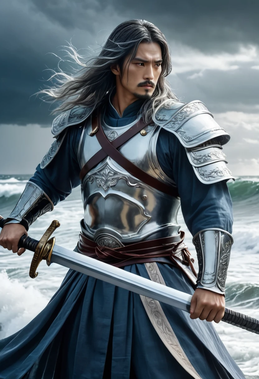 Portrait of Susanoo, 8K, hd, highly detailed, realistic, photography, photo realism, a brave god standing under a thundering sky with raging seas in the background. His long silver hair flows in the wind, wearing ornate armor, and holding "a large sword". The background features high waves and a stormy sky, exuding a powerful atmosphere. --ar 9:16 --v 6.0 --s 750