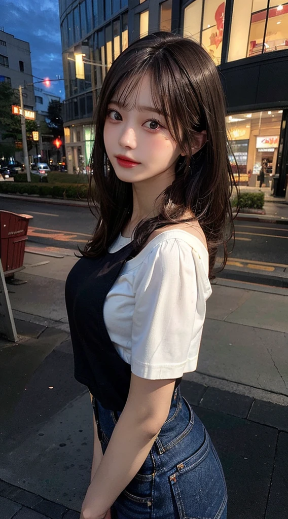 ((Midnight, Highest quality, 8K, masterpiece :1.3)), whole body, Long legs, Sharp focus :1.2, Beautiful woman with perfect figure :1.4, Slim Abs :1.1, ((Dark brown hair, Big Breasts :1.2)), (White tight T-shirt, Jean Bib, Are standing:1.2), ((Night city view)), Highly detailed face and skin texture, Fine grain, double eyelid, sunset, Darken, Backlight, Off the shoulder