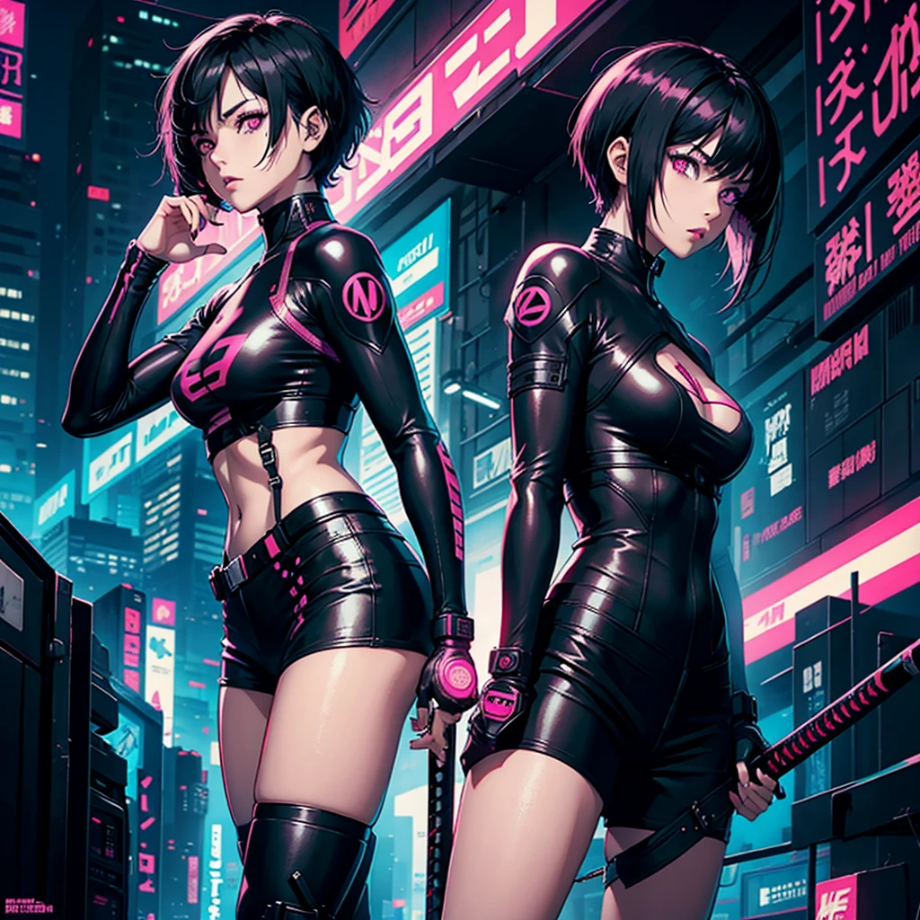 Cyberpunk; female Protagonist; black hair; girl; comic cover; katana; pink eyes; short hair; cover; comic