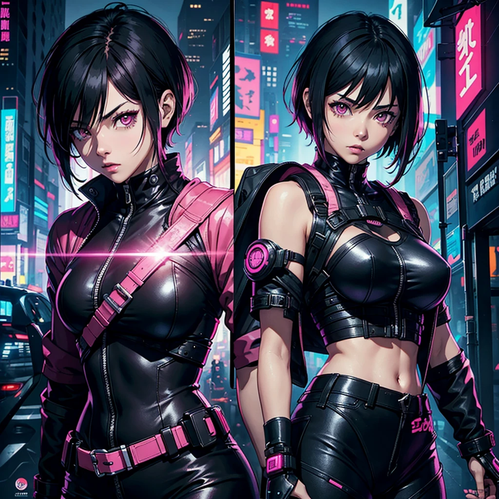 Cyberpunk;  female Protagonist;  black hair;  girl;  comic cover;  katana;  pink eyes; short hair;  cover;  comic