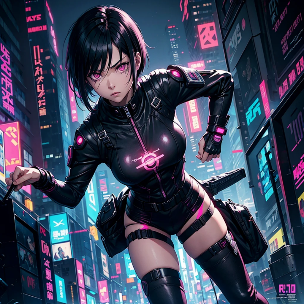neon palette, 1girl, (masterpiece), short black hair, side swept bangs, dark purple eyes, oversized black shirt, black skirt, black pantyhose, black choker on neck.
(purple gradient night time city background:1.5)