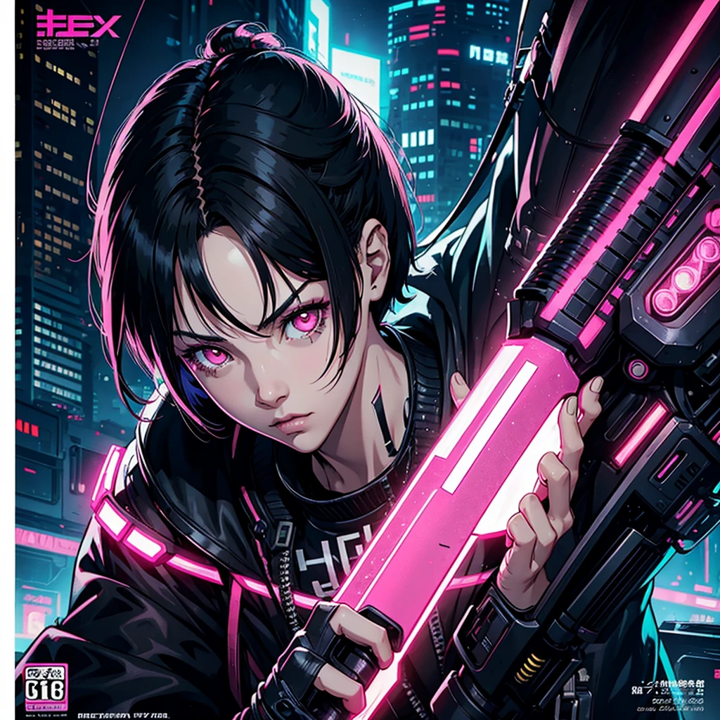 Cyberpunk;  female Protagonist;  black hair;  girl;  comic cover;  katana;  pink eyes; short hair;  cover;  comic